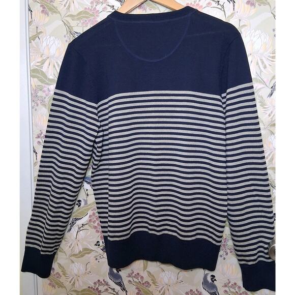 CARDIGAN brand Blue & Gray Striped 100% Wool Size Medium Minimalist Preppy - Picture 2 of 7